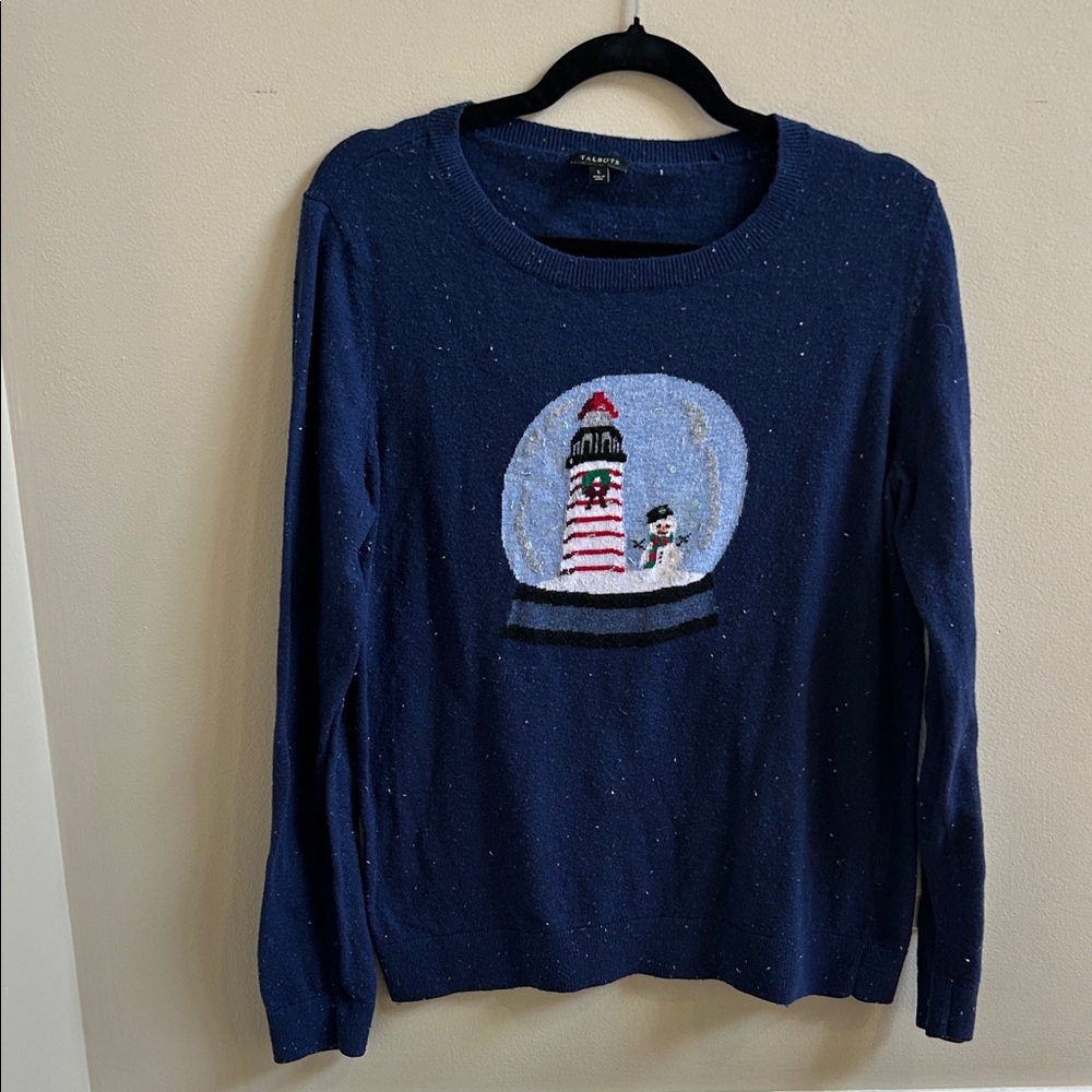 Talbots Navy Snowglobe Snowman Lighthouse Christmas Sweater Size Large
